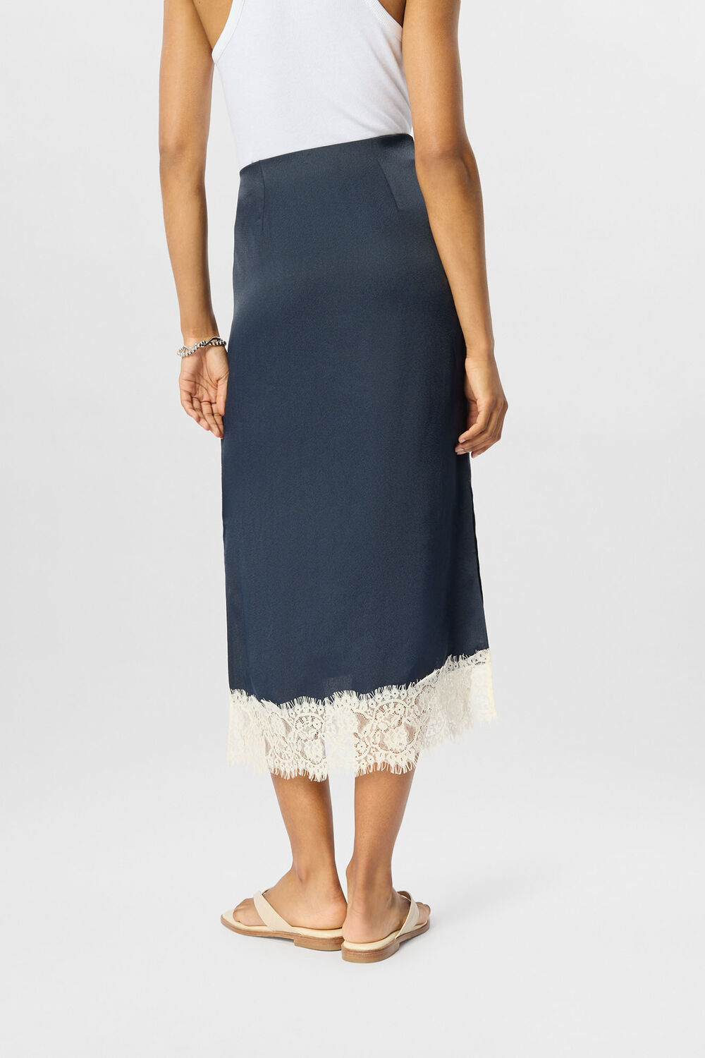 Lace Hem Satin Midi Skirt