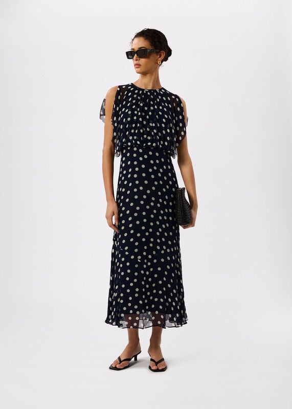 Navy Polka Dot Print Midi Dress