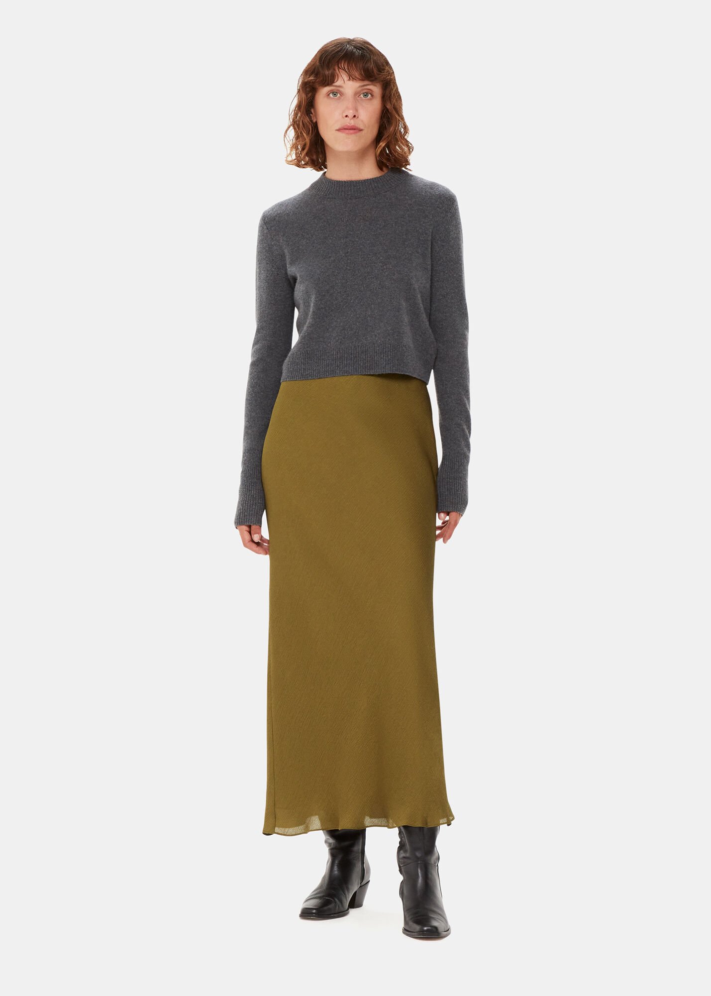 Khaki Satin Bias Cut Skirt WHISTLES Whistles UK