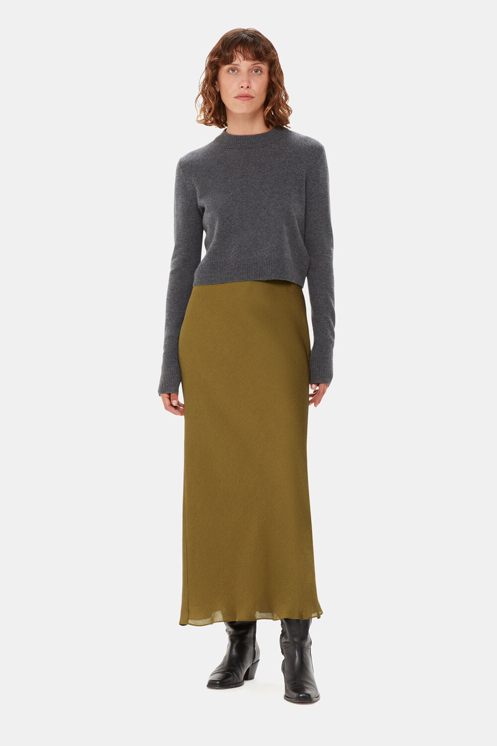 Khaki Satin Bias Cut Skirt