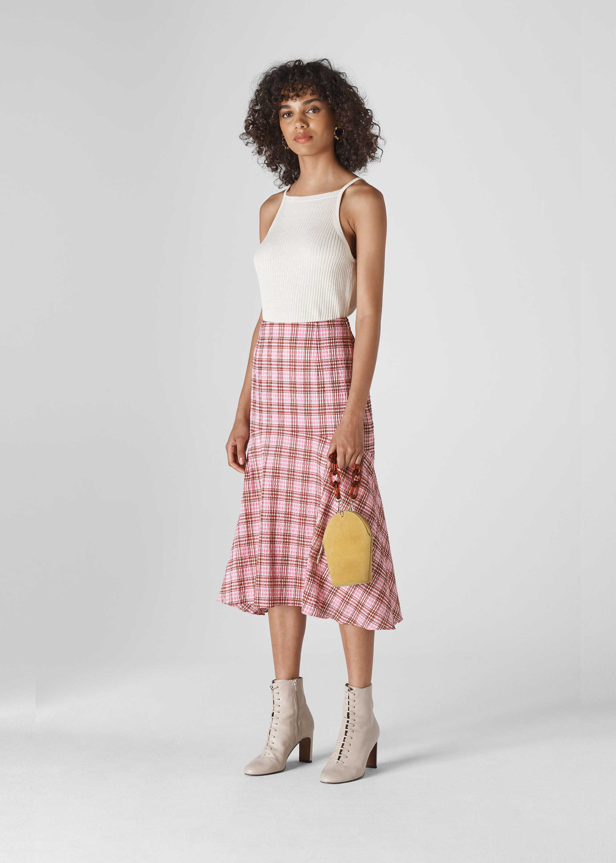 Pink check midi skirt sales