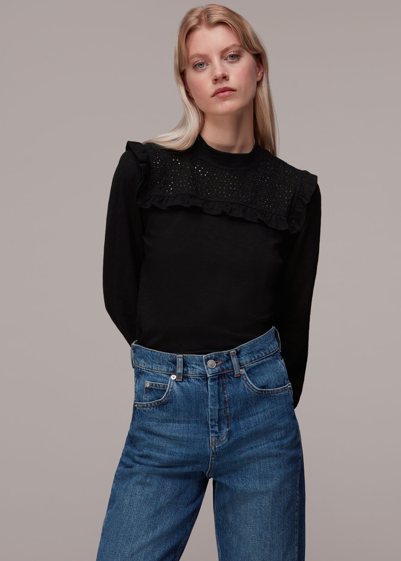 Black Broderie Yoke Frill Detail Top | WHISTLES