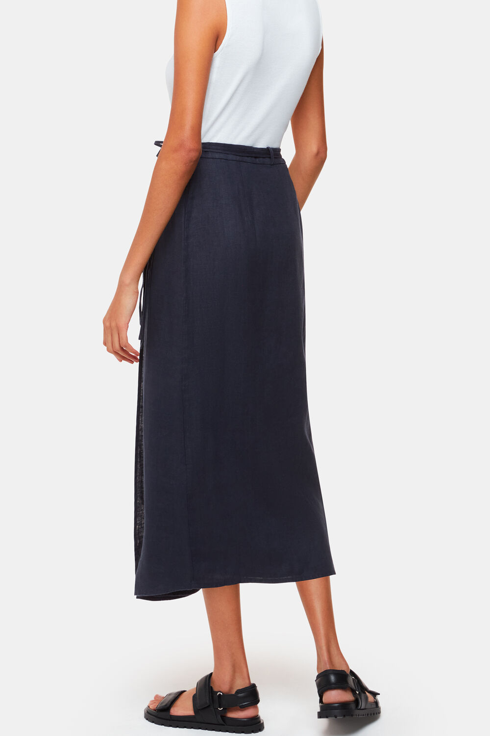 Navy Linen Wrap Midi Skirt