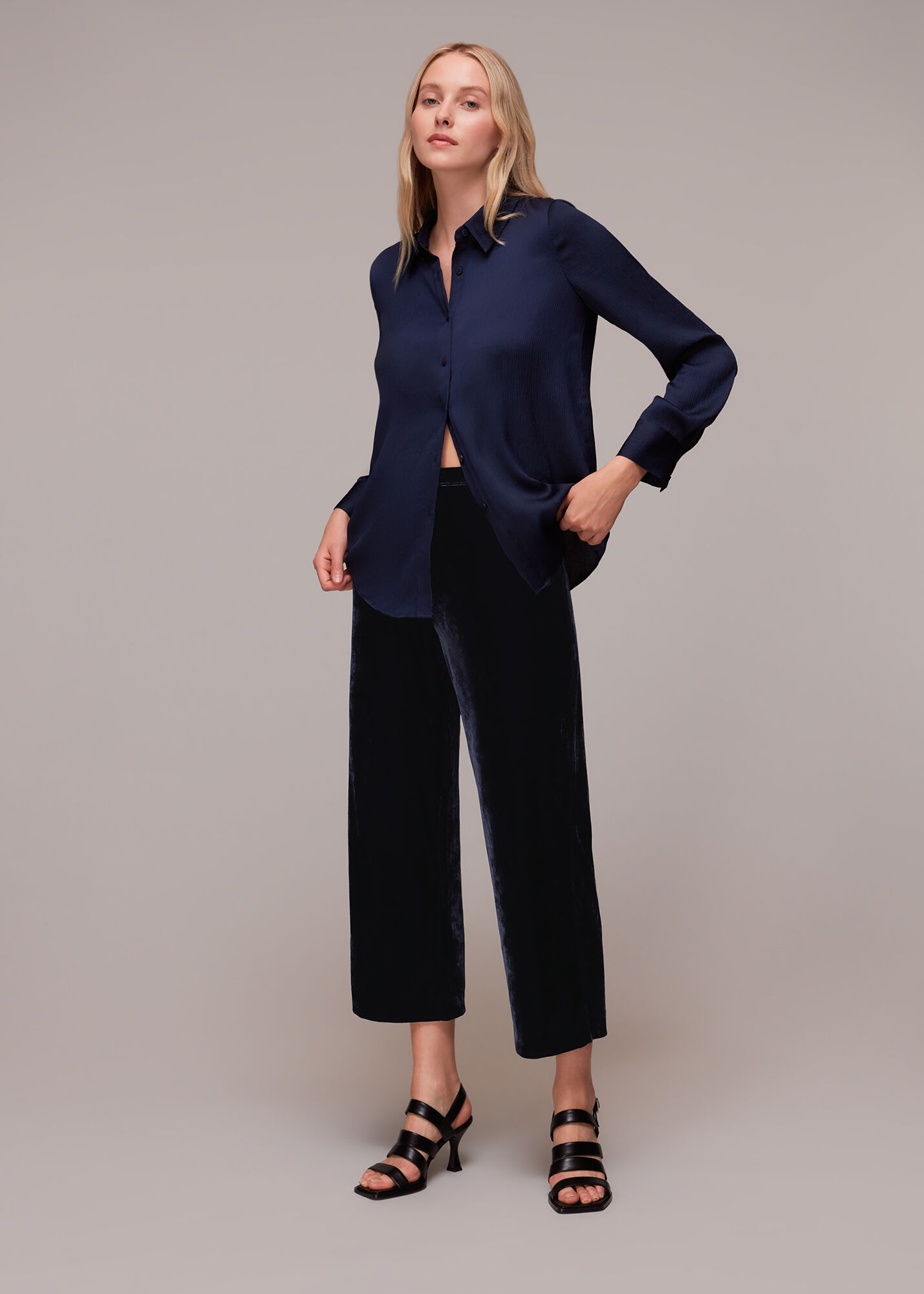 Navy Blue Velvet High Waisted Wide Leg Trousers | Obeli – motelrocks.com