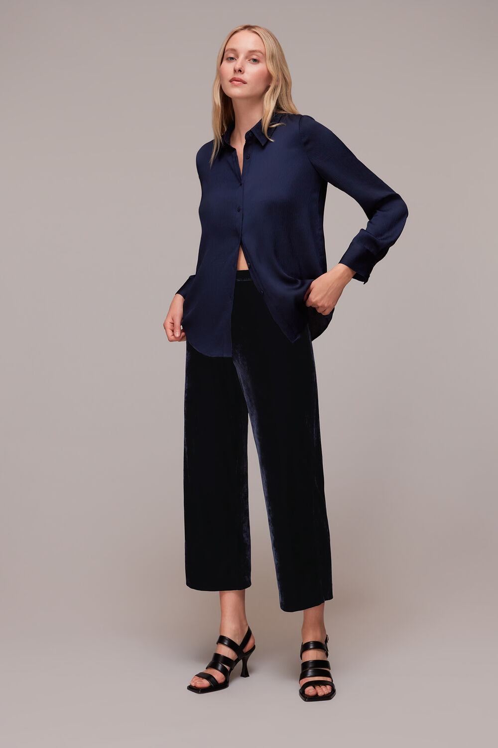 Navy Velvet Wide Leg Crop Trouser