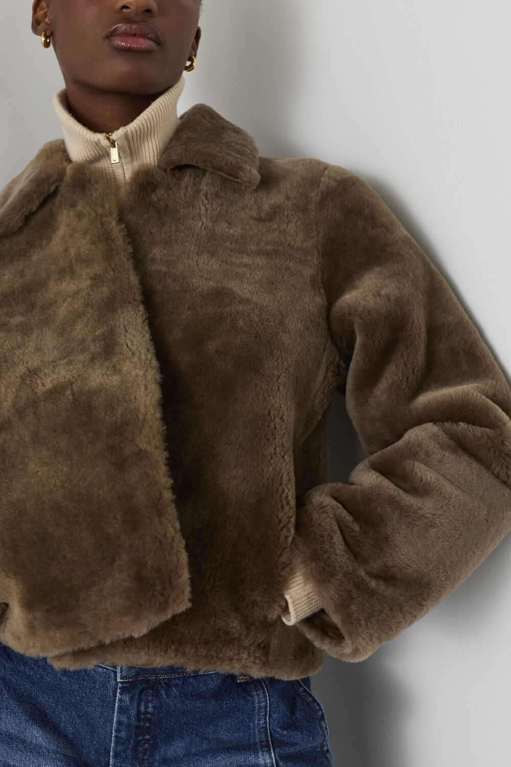 Taupe Short Clean Shearling Jacket