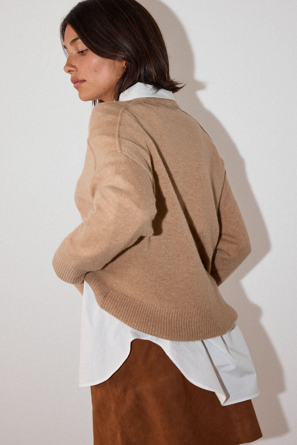Camel Cashmere Seam Detail Crew Knit