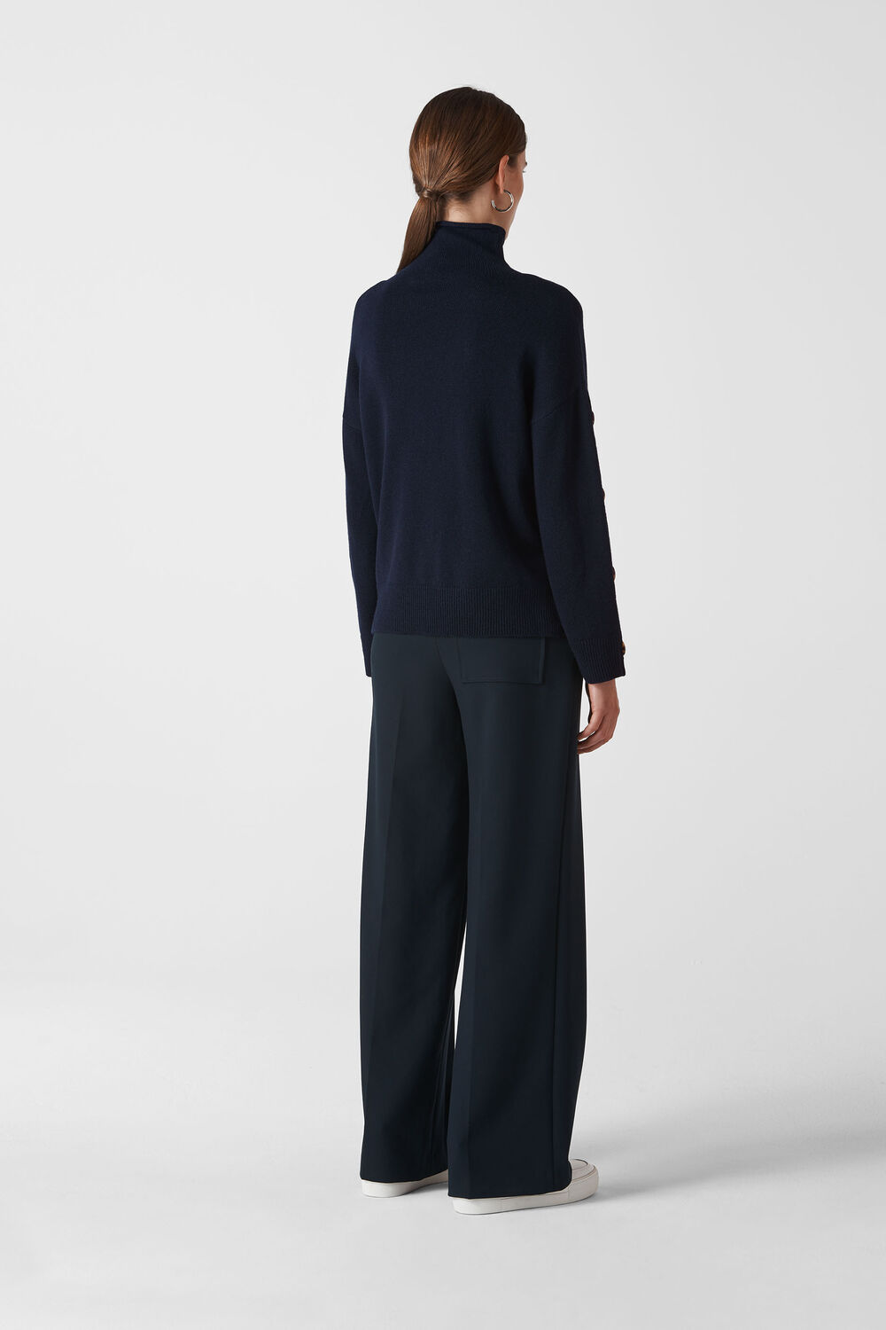 Button Sleeve Funnel Neck Knit Navy
