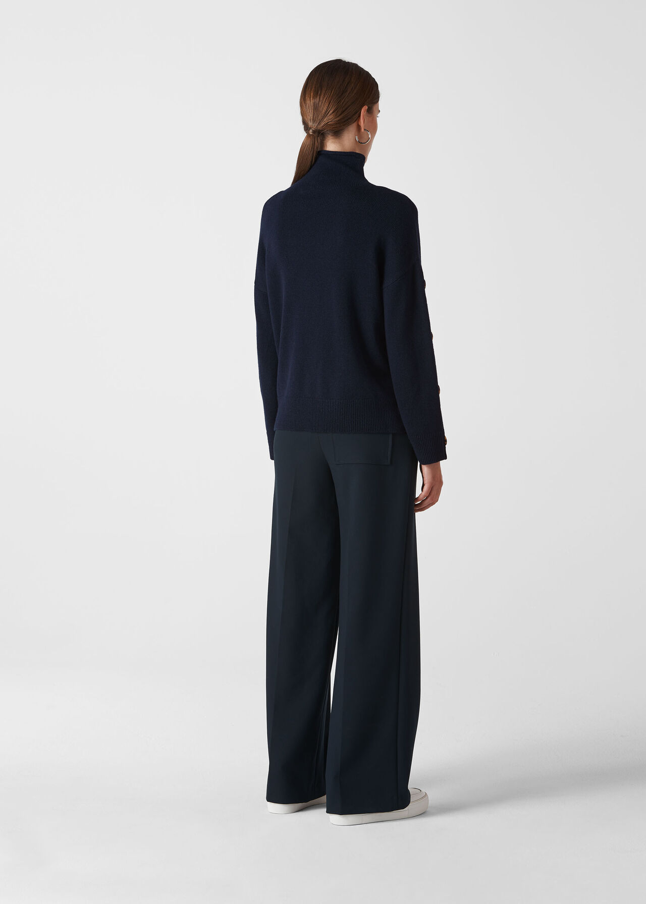 Button Sleeve Funnel Neck Knit Navy