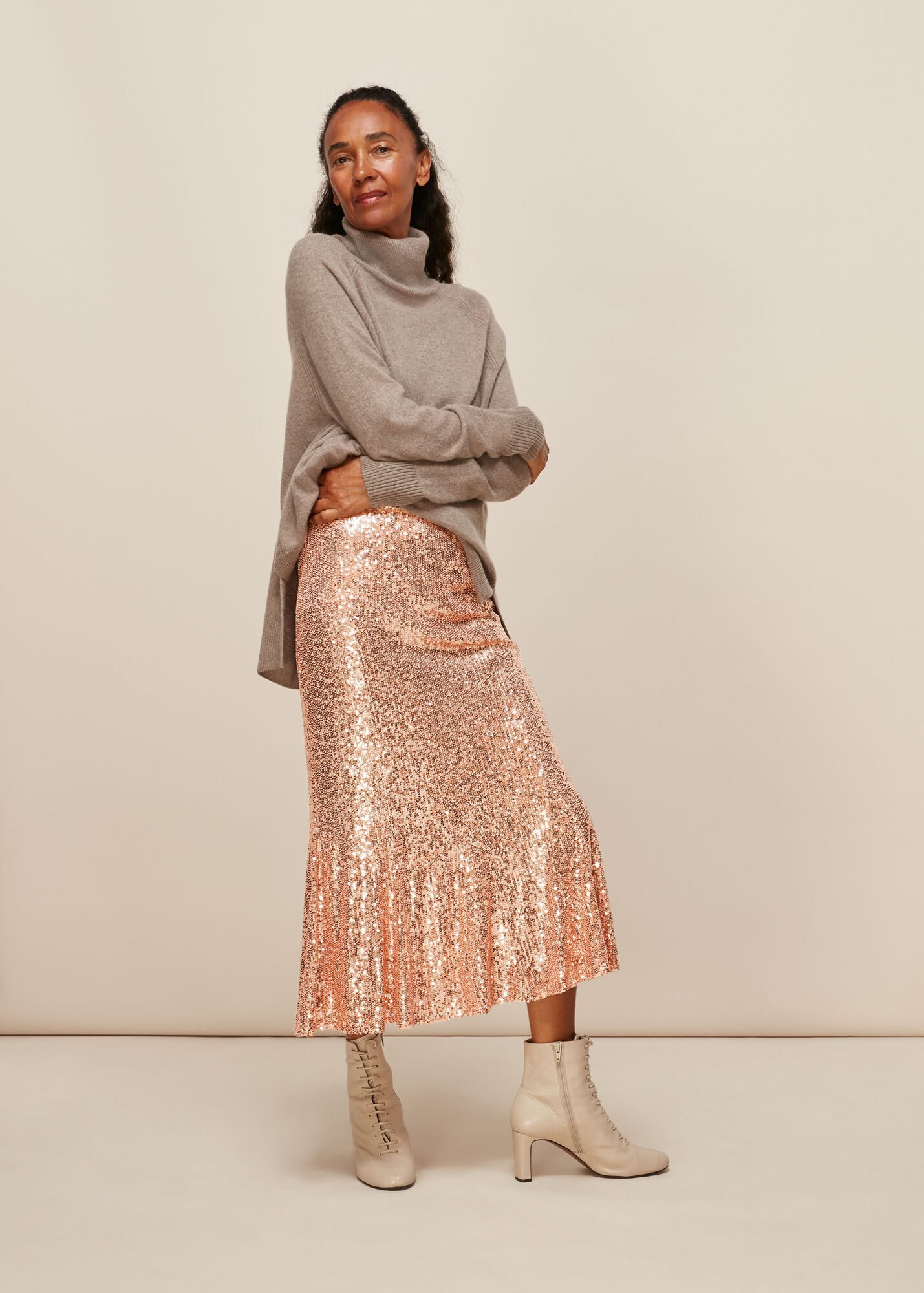 Champagne Sequin Midi Skirt | WHISTLES