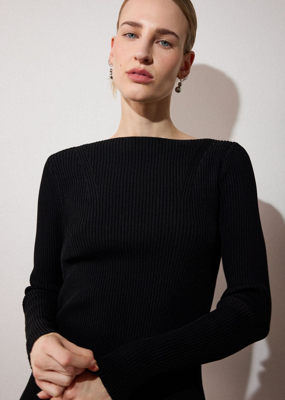Black Rib Knit Slash Neck Top