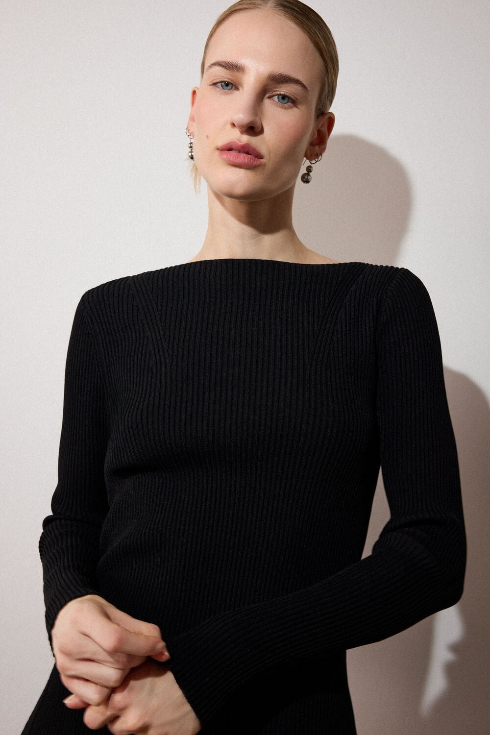 Black Rib Knit Slash Neck Top