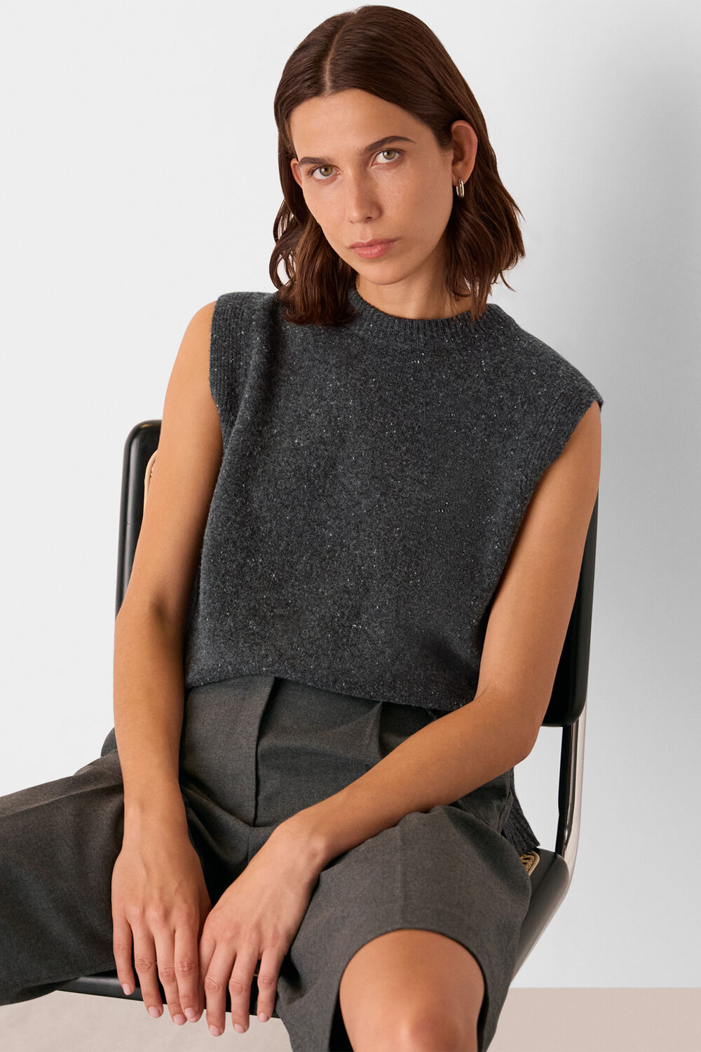 Dark Grey Wool Fleck Sleeveless Tank