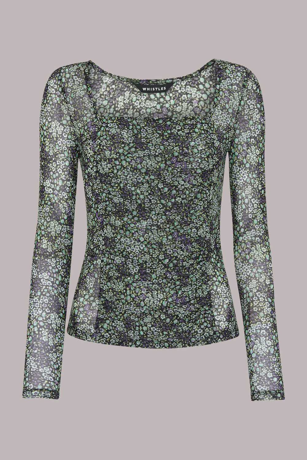 Green Mesh Square Neck Gathered Top