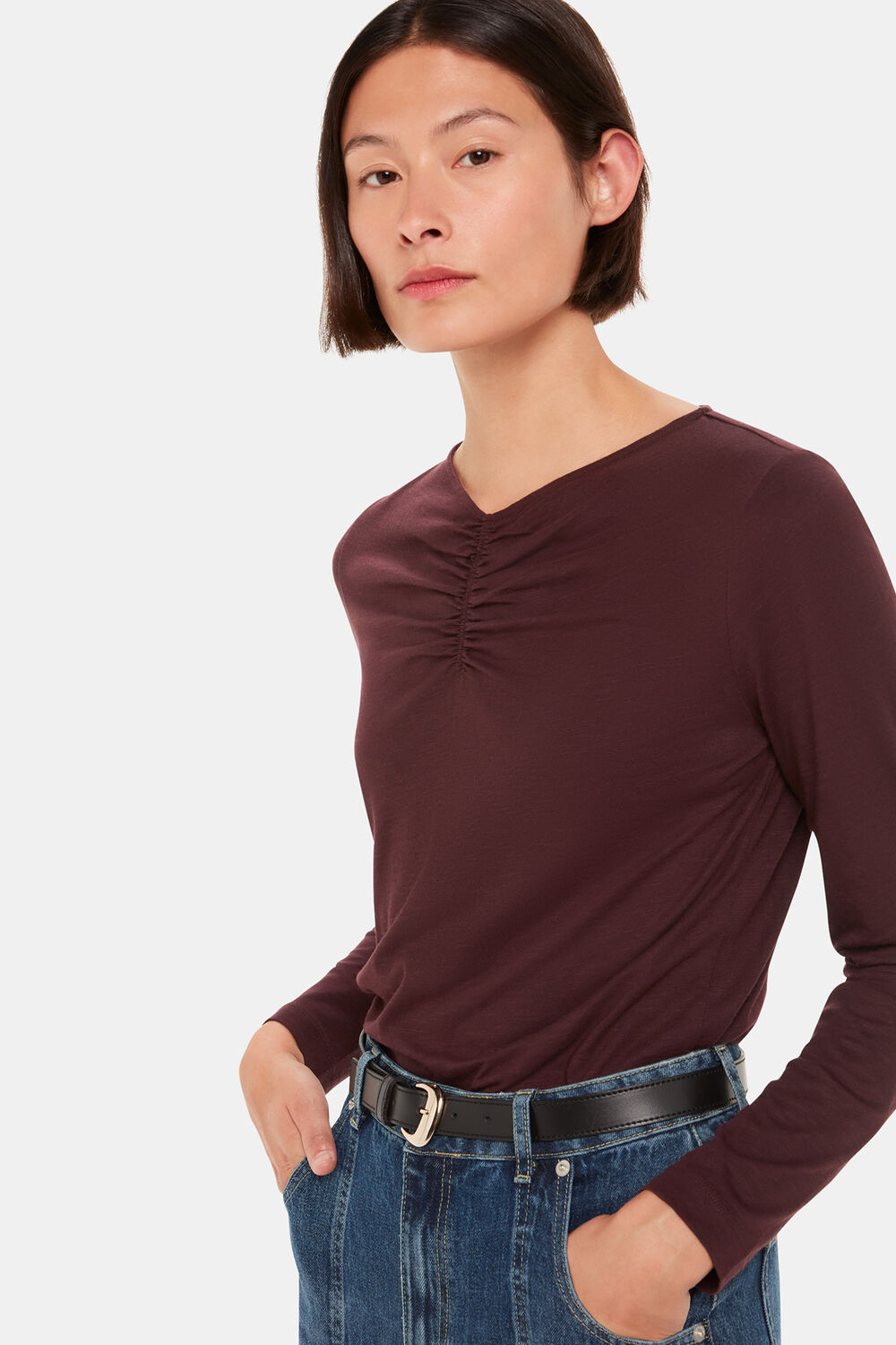 Burgundy High V Neck Ruched Top