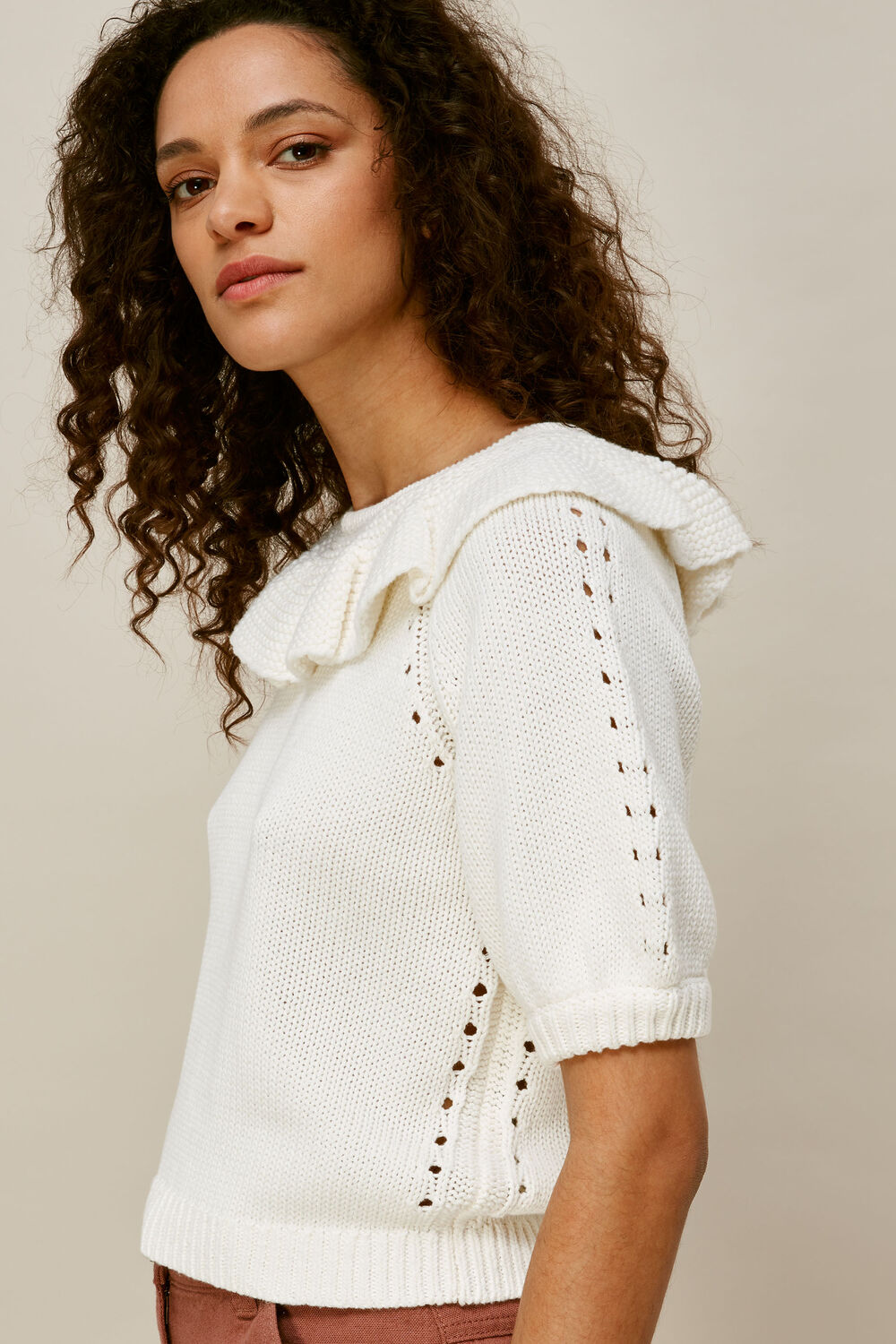 Frill Neck Knit Sweater White