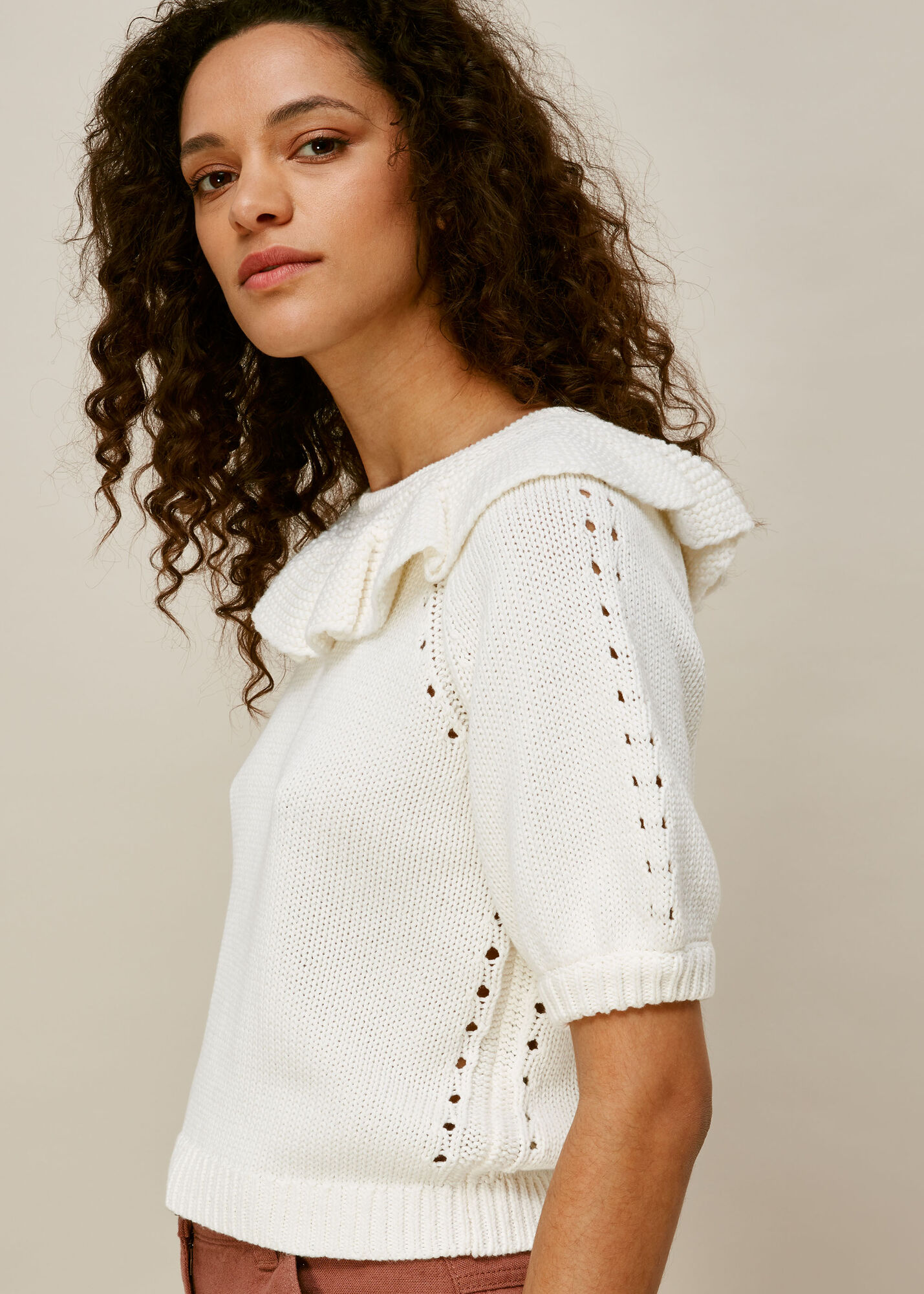 White Frill Neck Knit Sweater WHISTLES