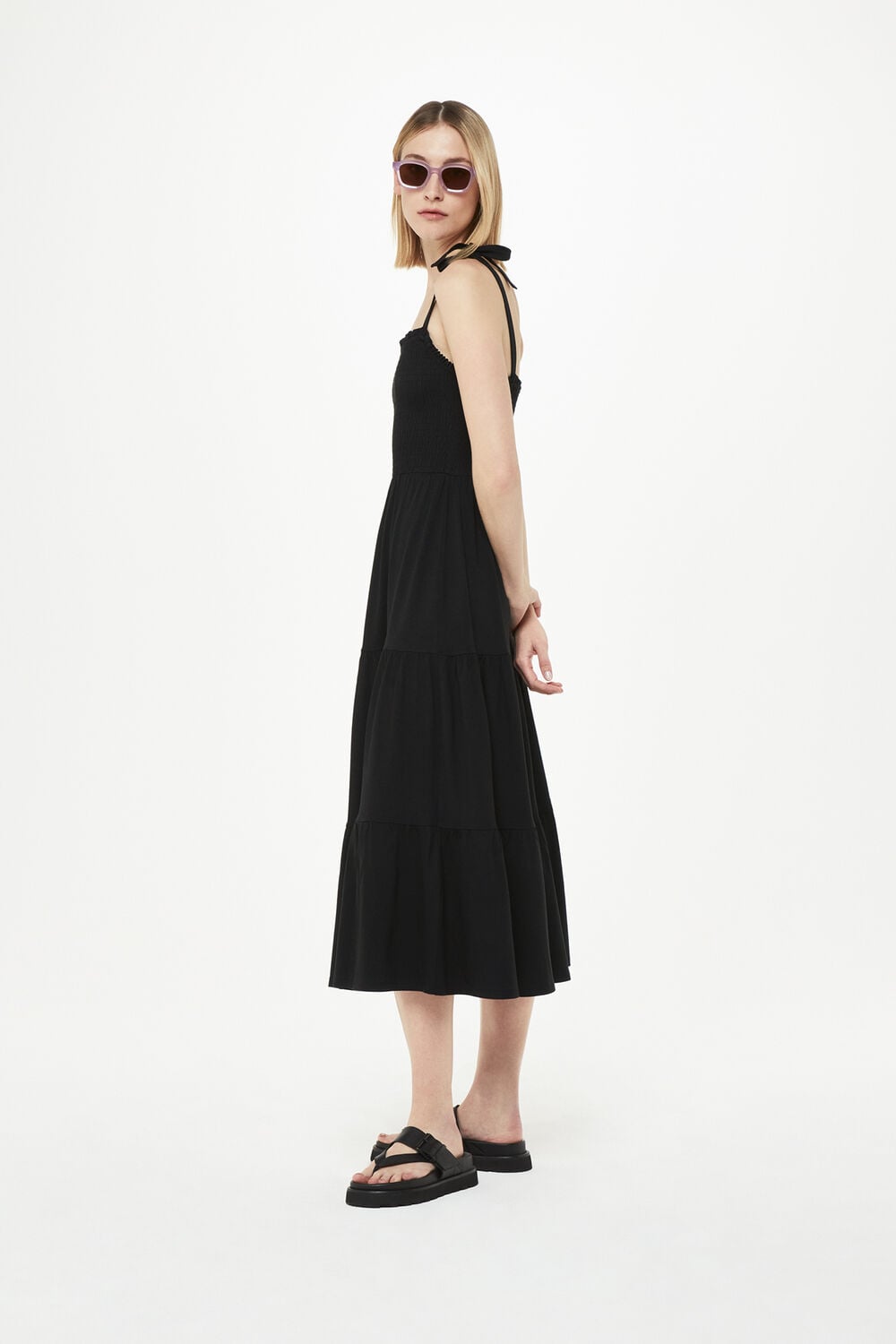 Black Smocked Tiered Jersey Dress