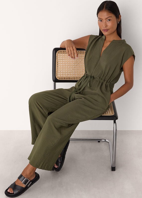 Khaki Petite Sleeveless Drawstring Jumpsuit