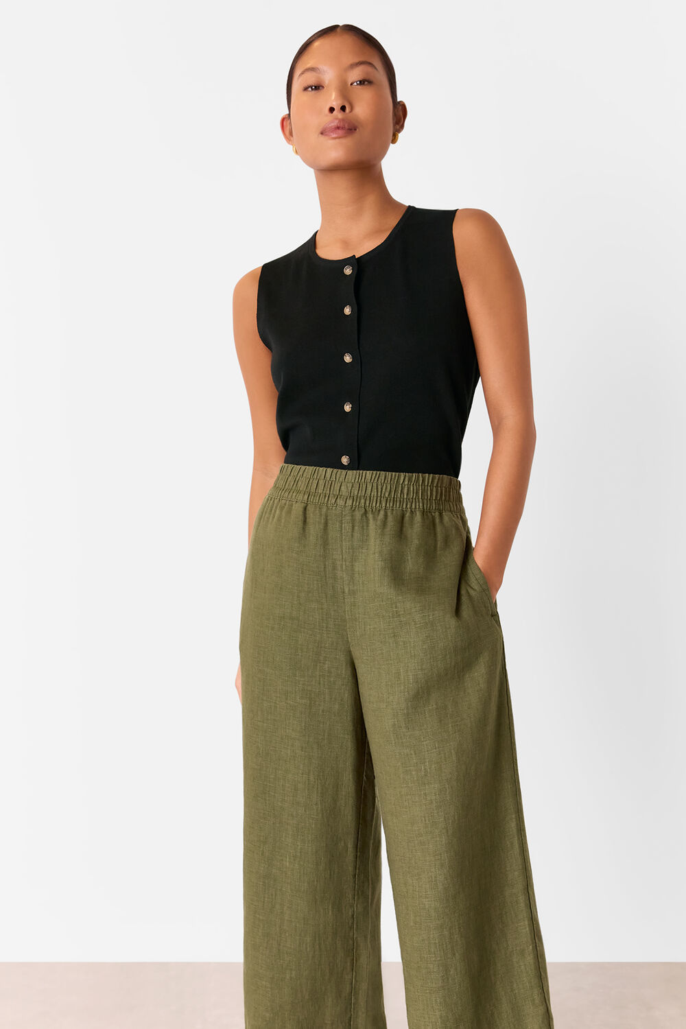 Khaki Petite Linen Pocket Trouser