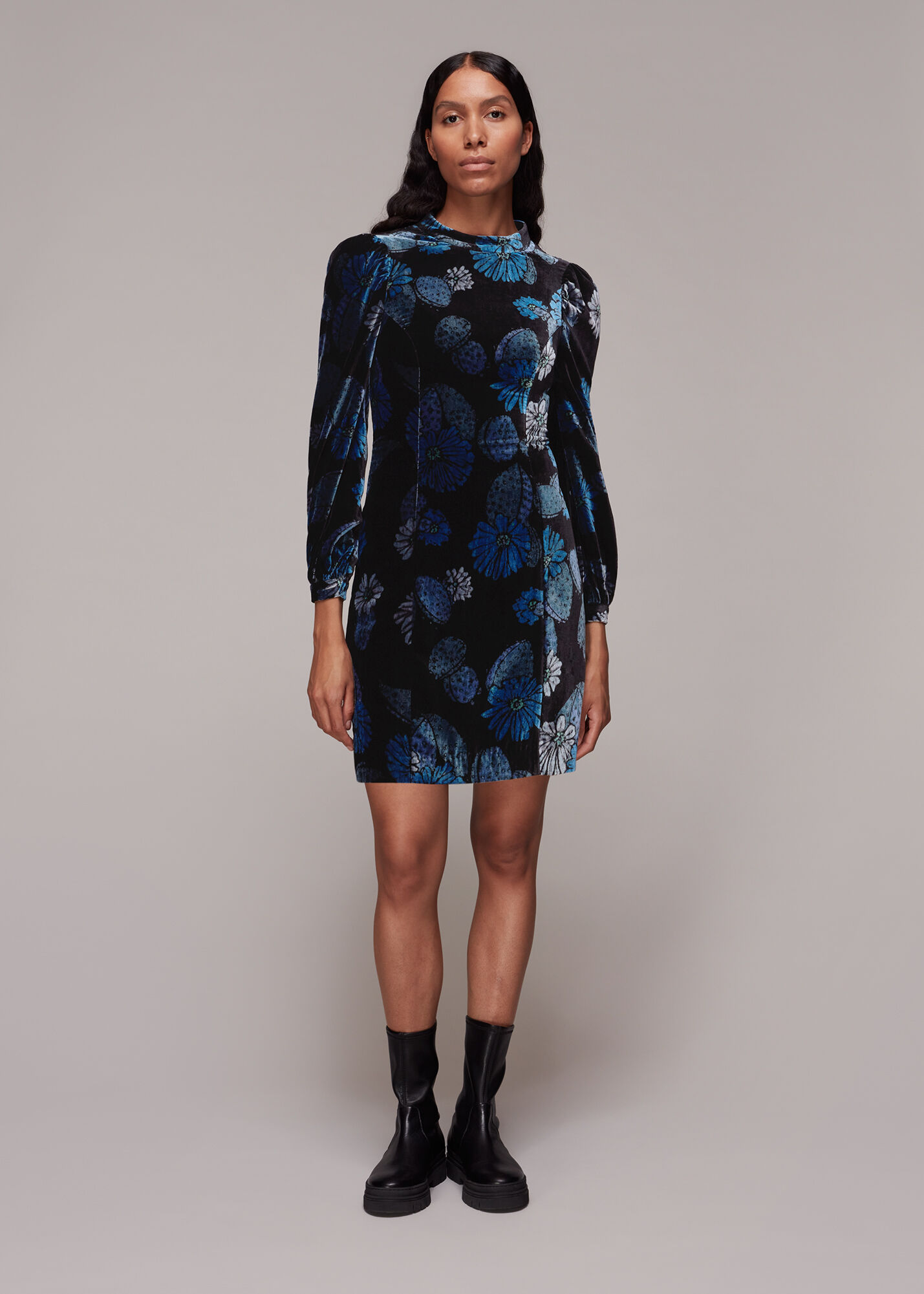 Blue Multi Cactus Print Velvet Dress WHISTLES Whistles US