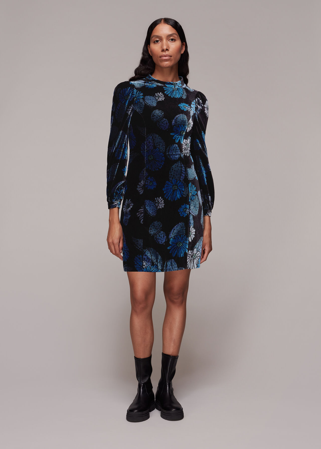 Blue/Multi Cactus Print Velvet Dress, WHISTLES