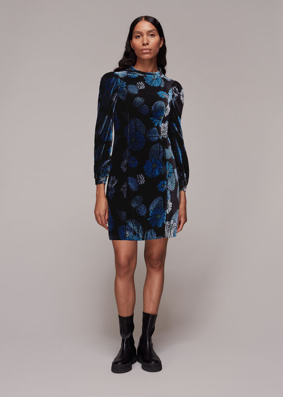 Blue Cactus Print Velvet Dress