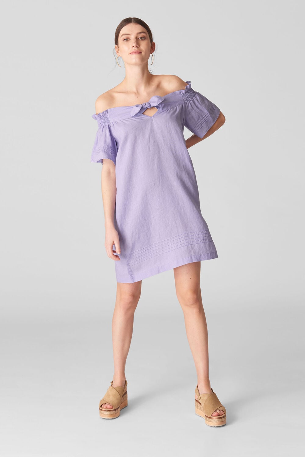 Linen Tie Front Bardot Dress Lilac