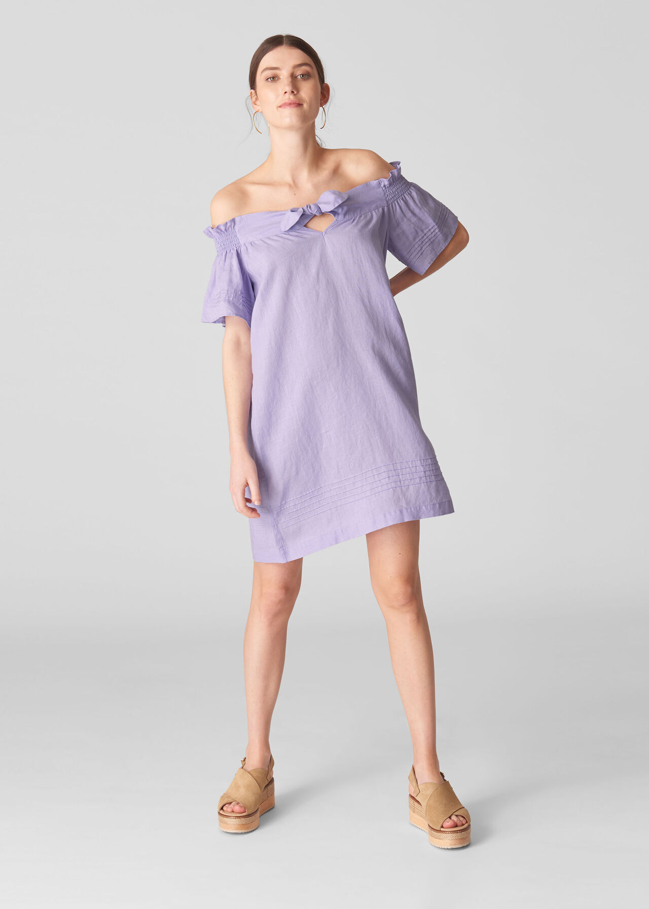 Linen Tie Front Bardot Dress Lilac