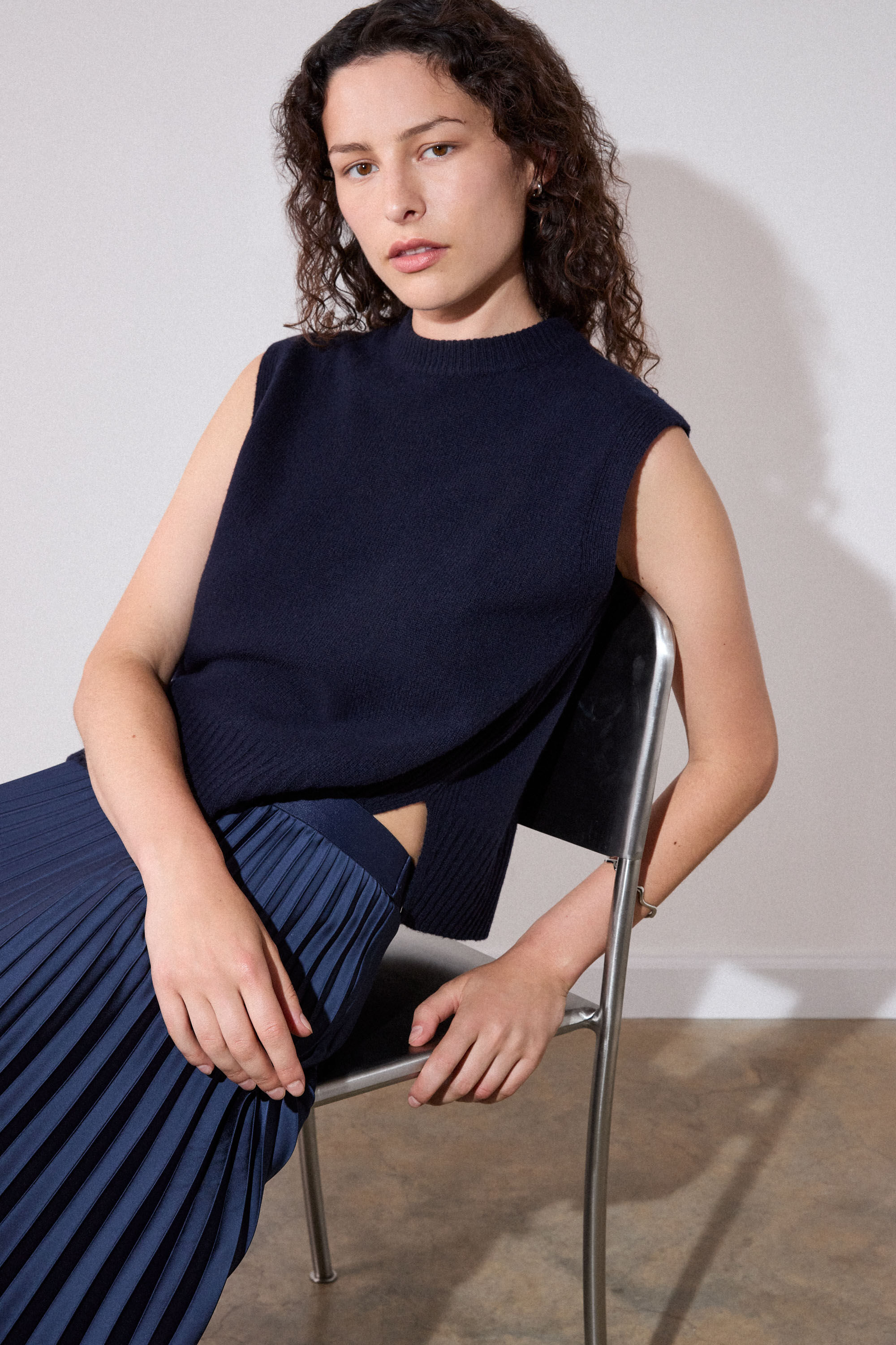 Navy Satin Pleated Midi Skirt | WHISTLES | Whistles US |