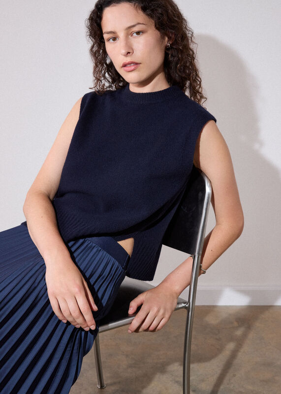 Navy Satin Pleated Midi Skirt