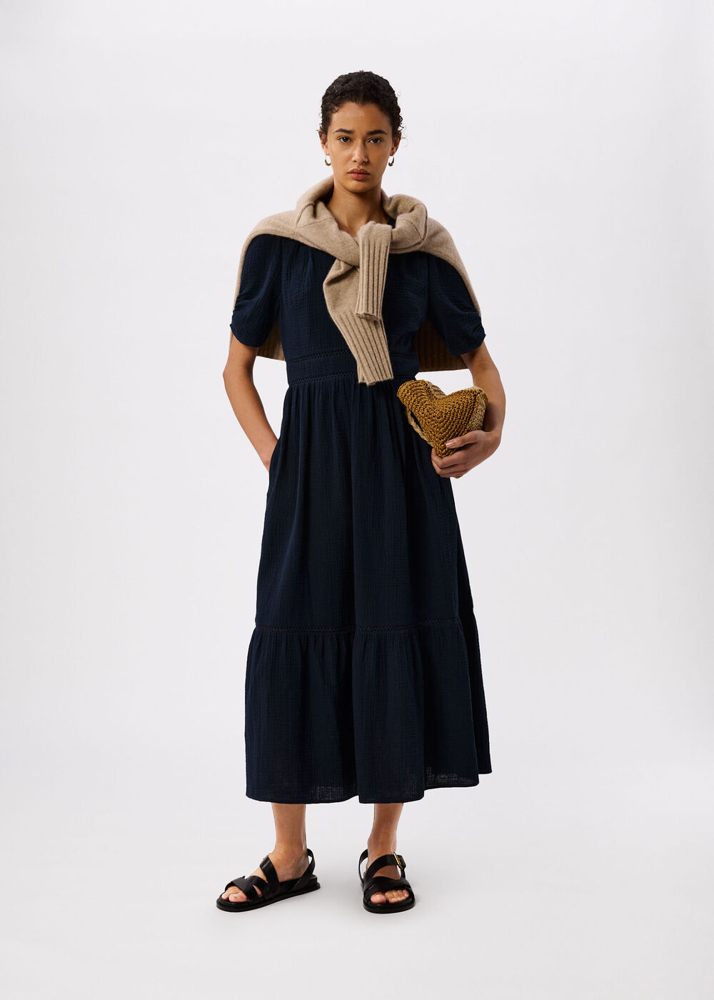 V Neck Textured Midi Dress