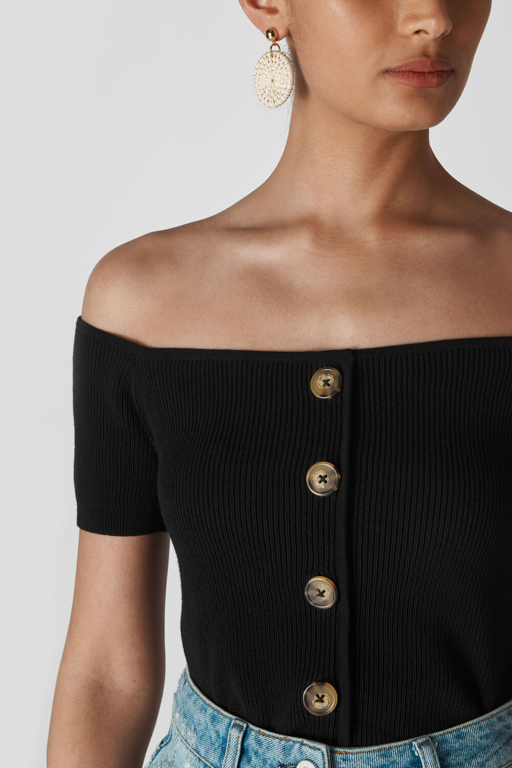 Button Front Rib Knit Black