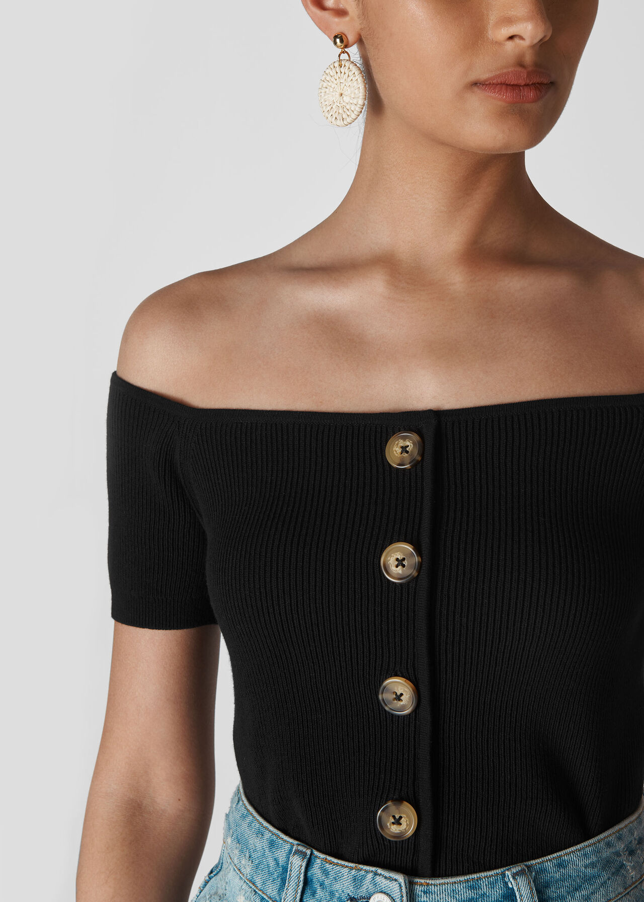 Button Front Rib Knit Black