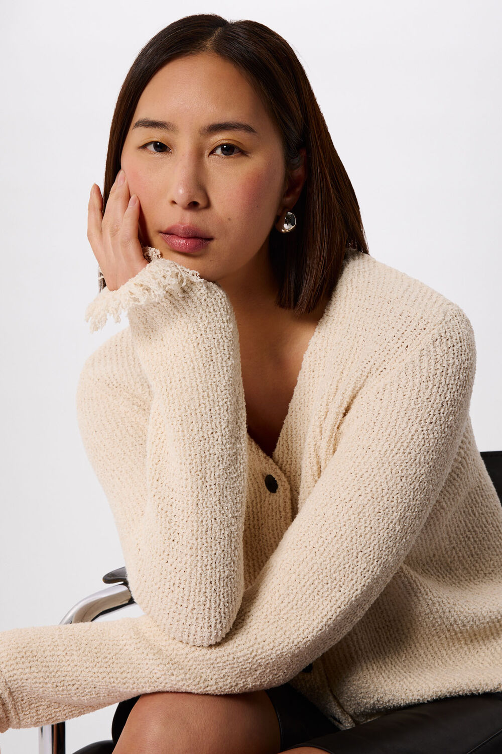 Ivory Cotton Boucle Fringe Cardigan