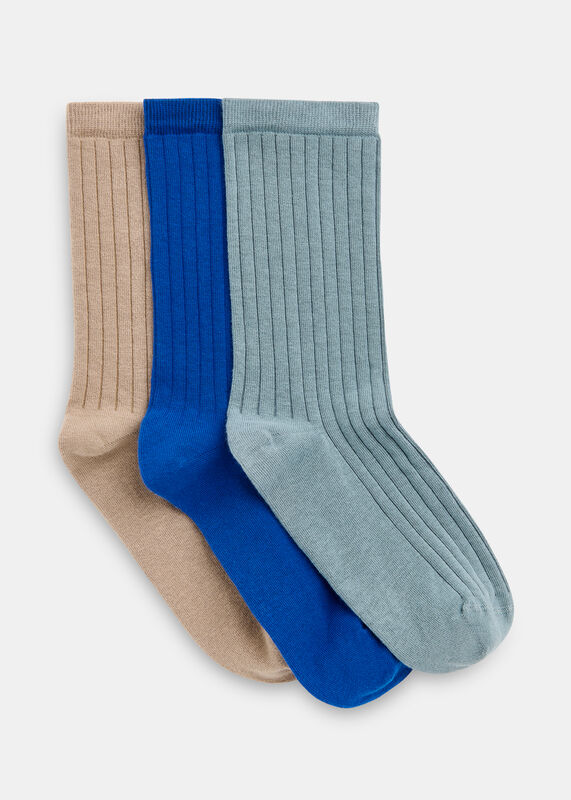 Blue Ribbed Socks Set of 3