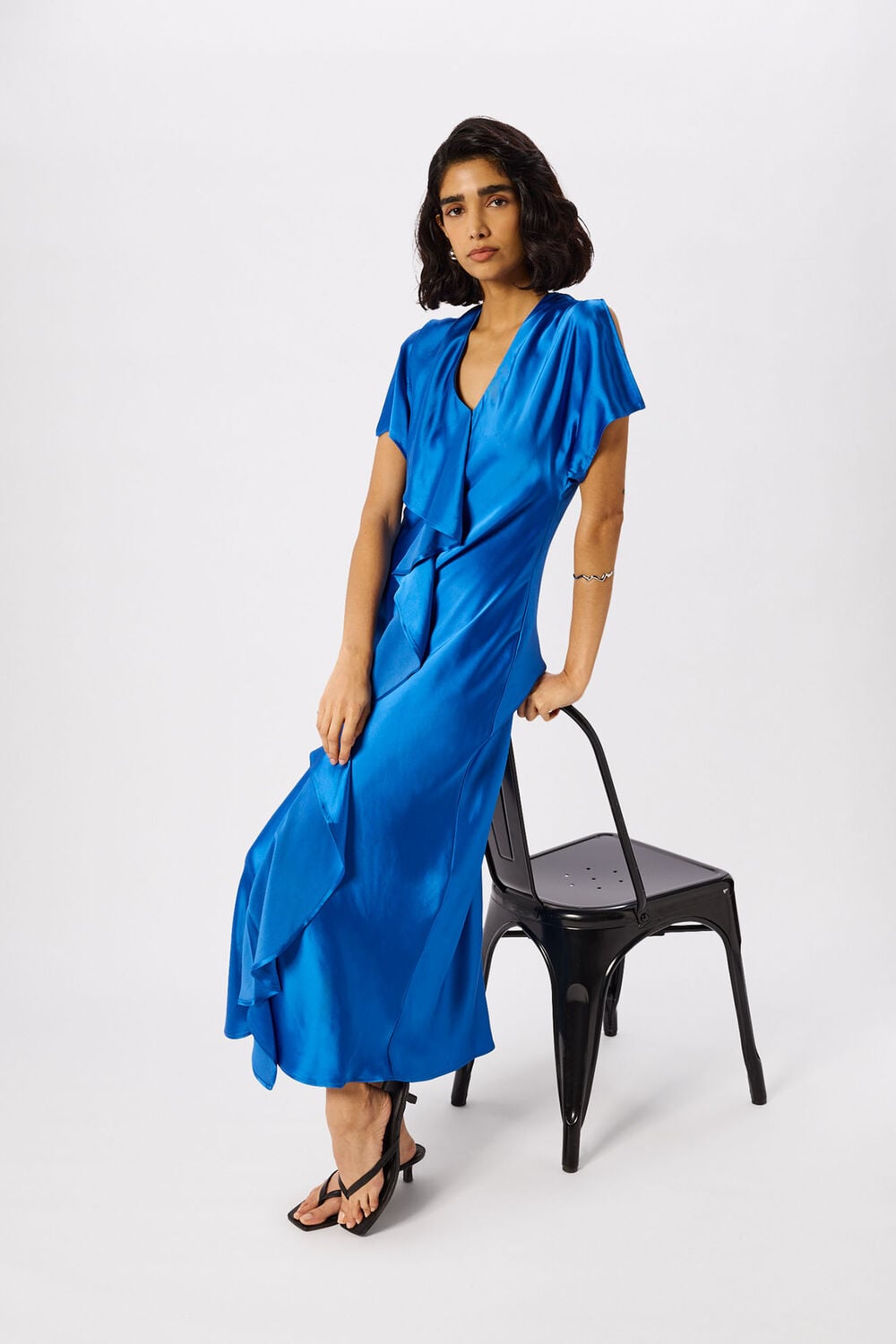 Blue V Neck Ruffle Satin Dress