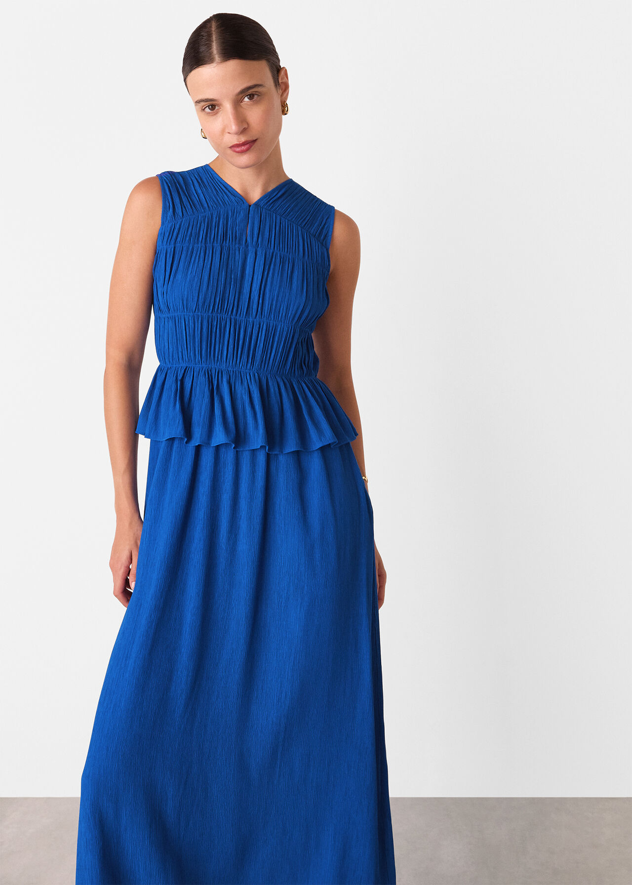 Shirred V Neck Midi Dress