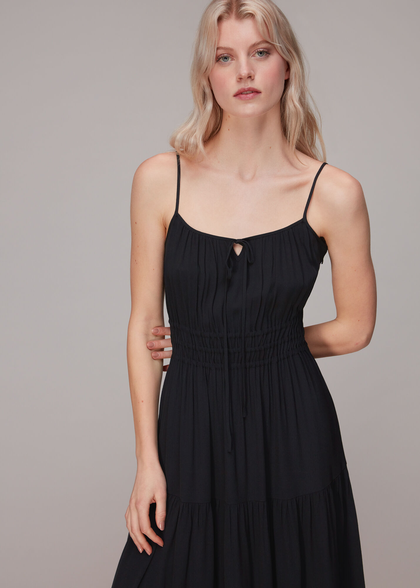 Black Gracie Crepe Smocked Dress WHISTLES Whistles