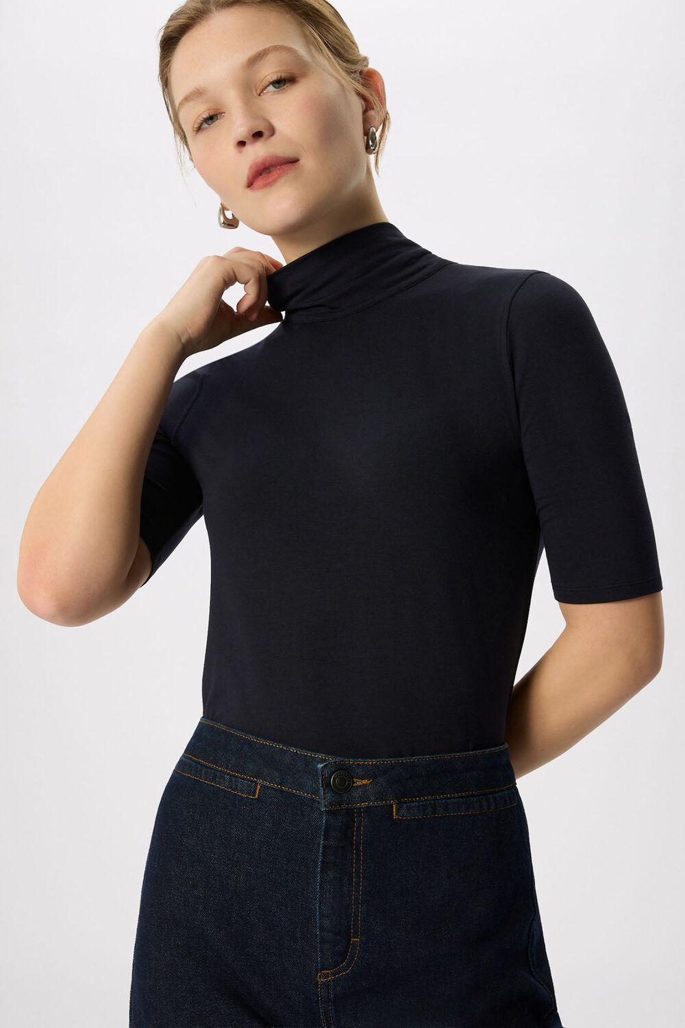 Navy Tie Neck Detail Top