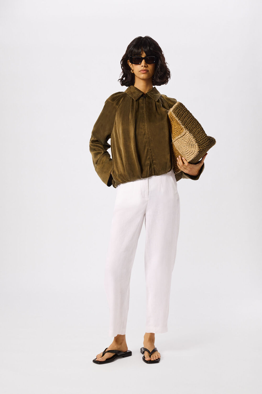 White Linen Barrel Leg Pants&nbsp;
