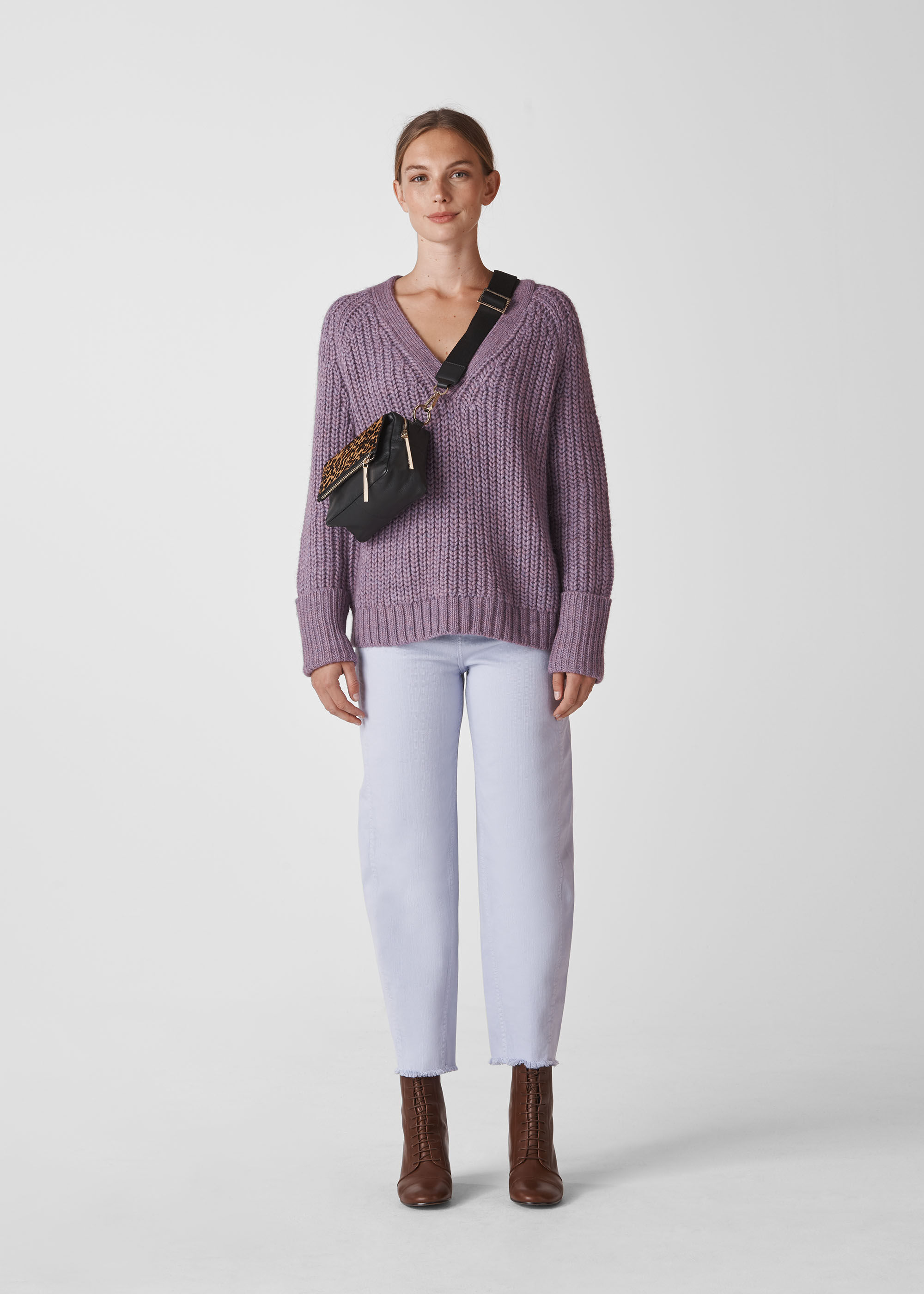 V Neck Rib Chunky Sweater