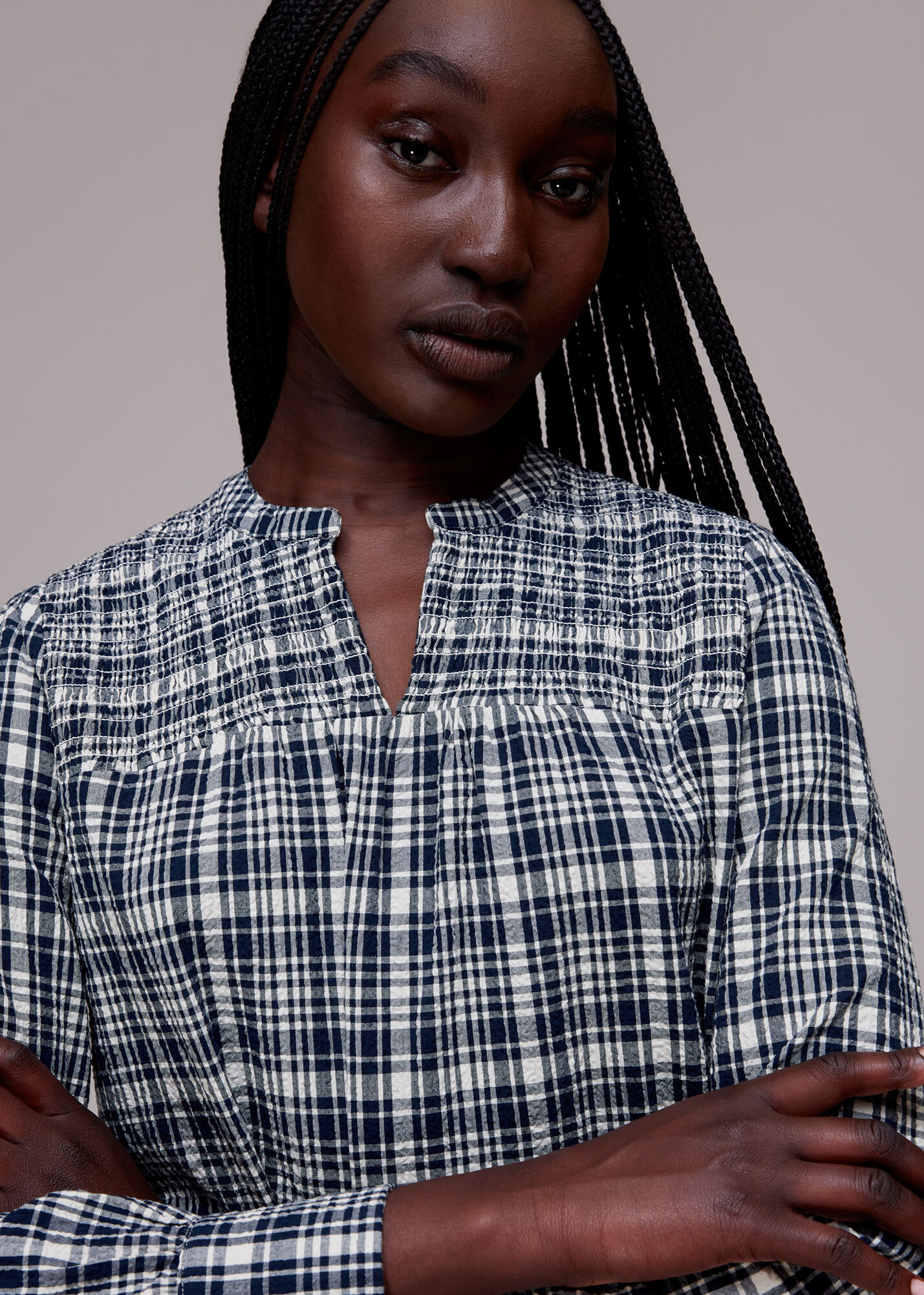 Navy/Multi Seersucker Check Flippy Dress | WHISTLES | Whistles US |