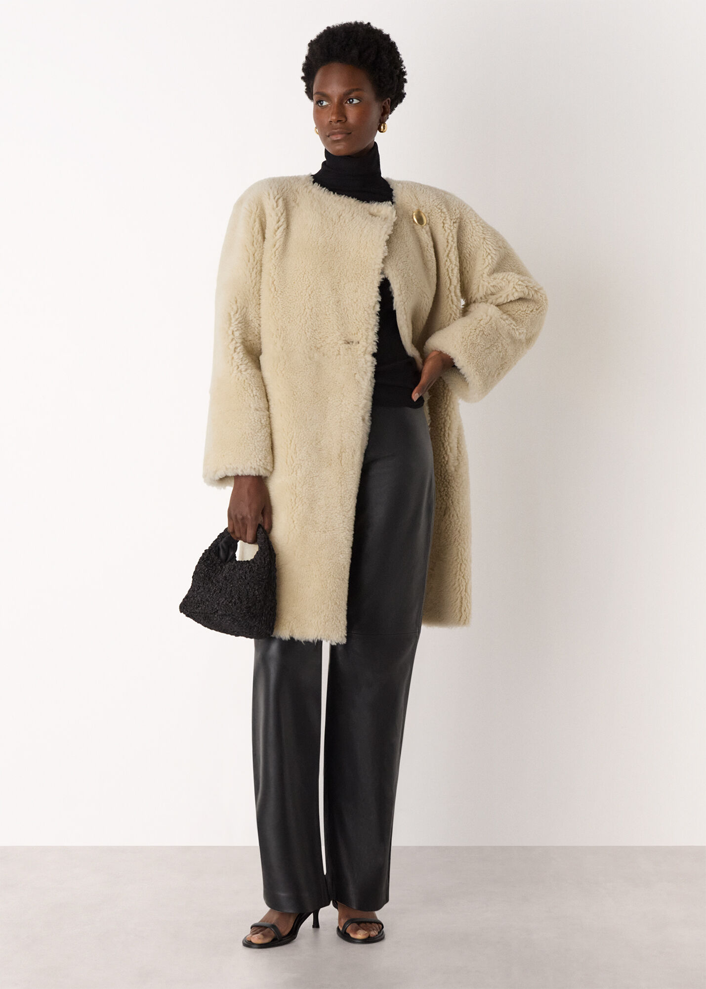 Beige Shearling Cocoon Coat | WHISTLES | Whistles US |