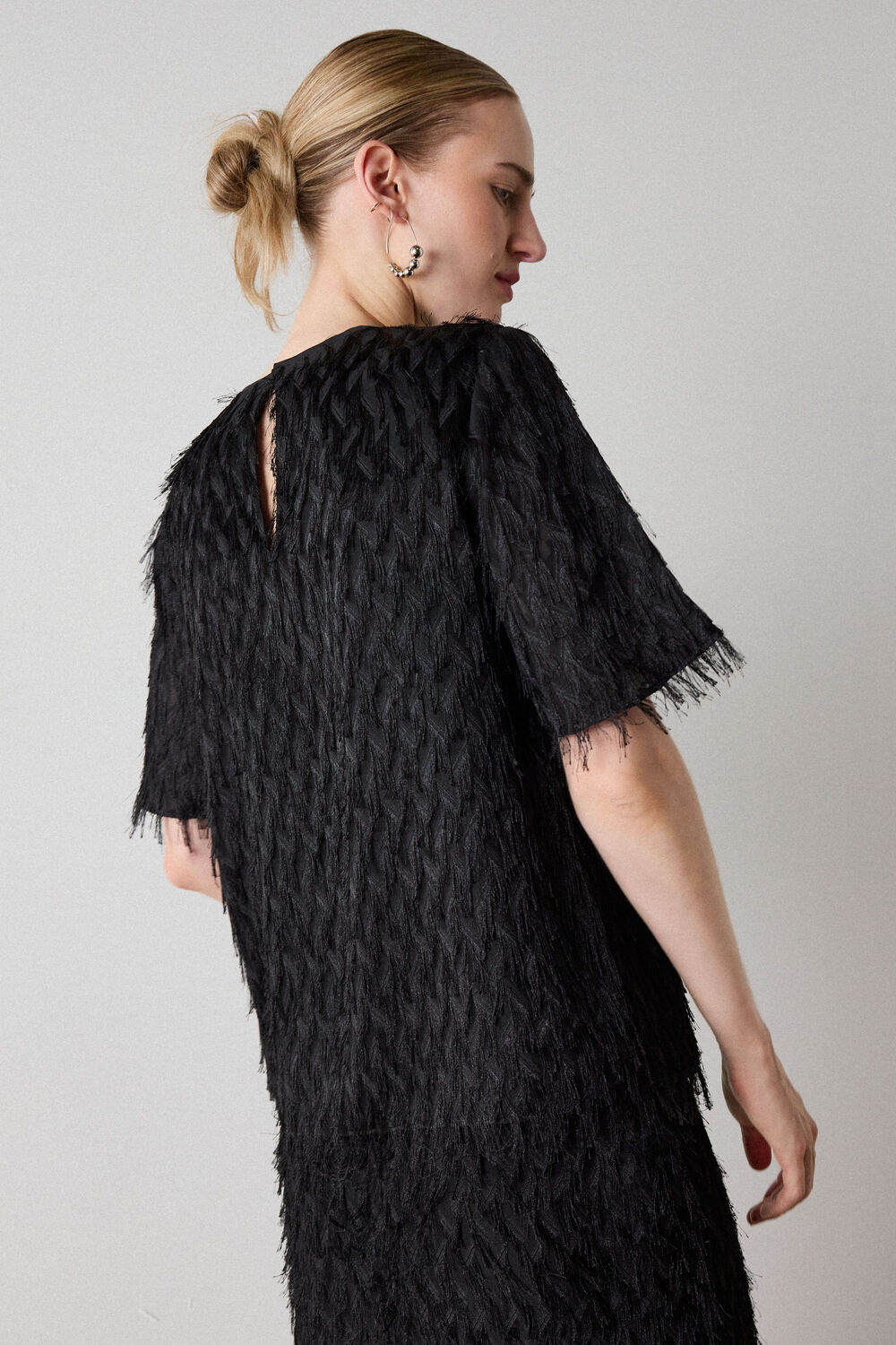 Black Fringe Textured Round Neck Top