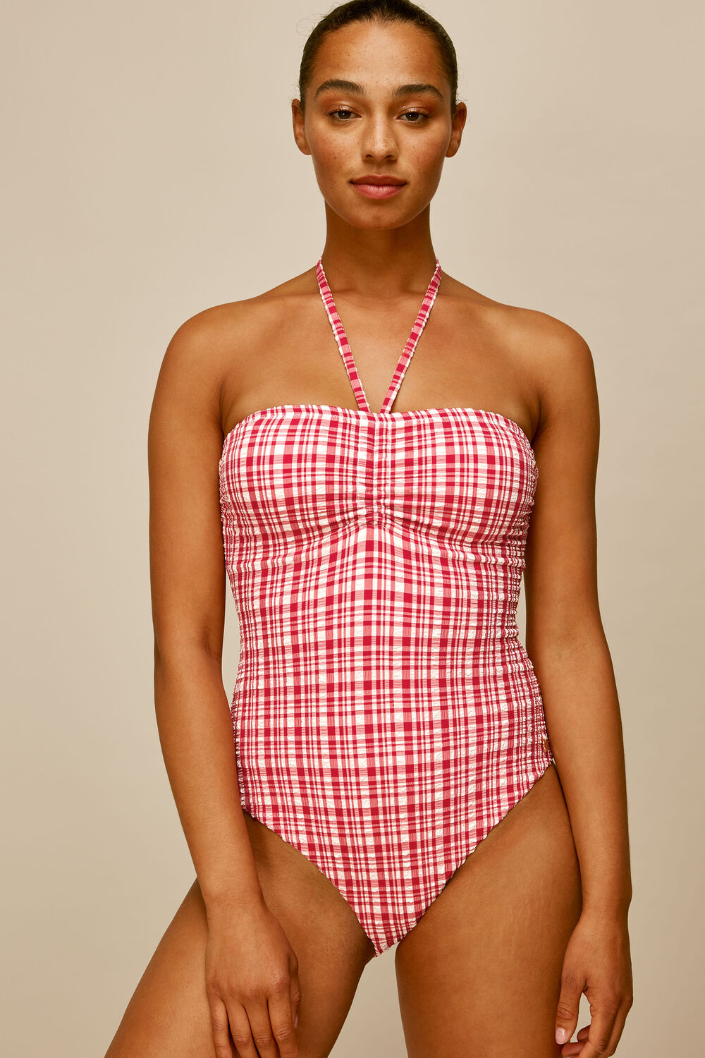 Check Halterneck Swimsuit Red/Multi