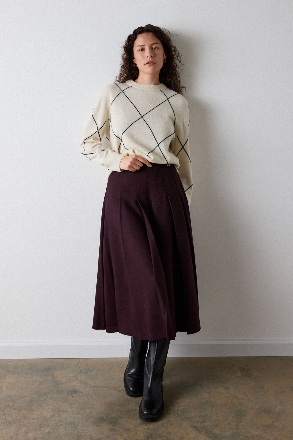 Plum Wool Blend Pleated Kilt Skirt