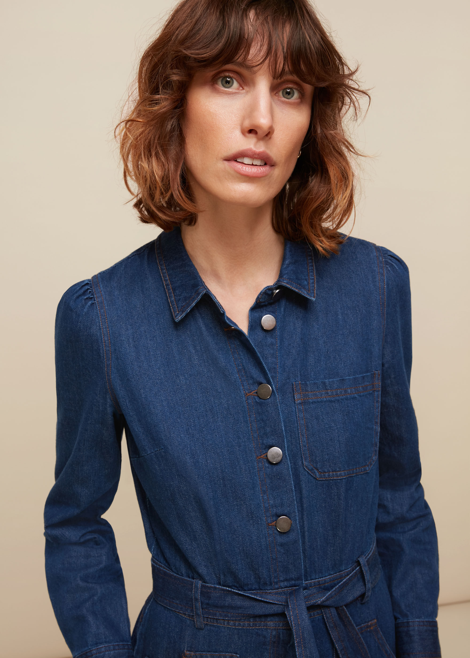 スーツ・フォーマル・ドレス Front Button Denim Jumpsuit Blue Front Button Denim Jumpsuit Blue