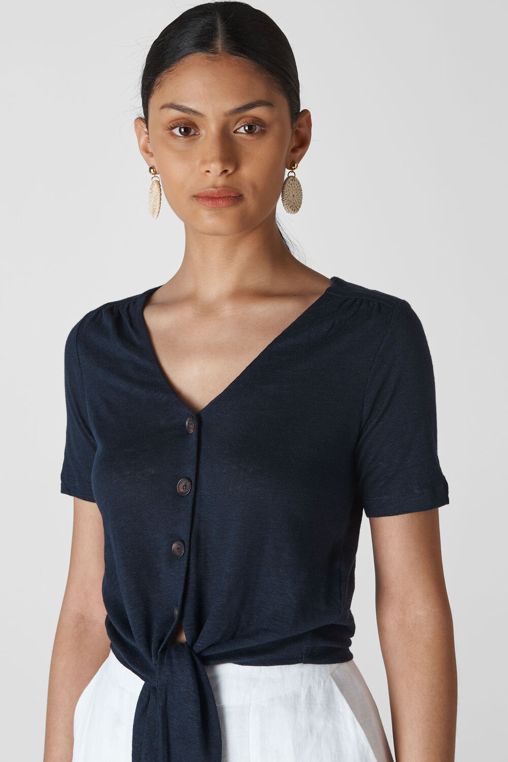 Linen Button Front Tie Top