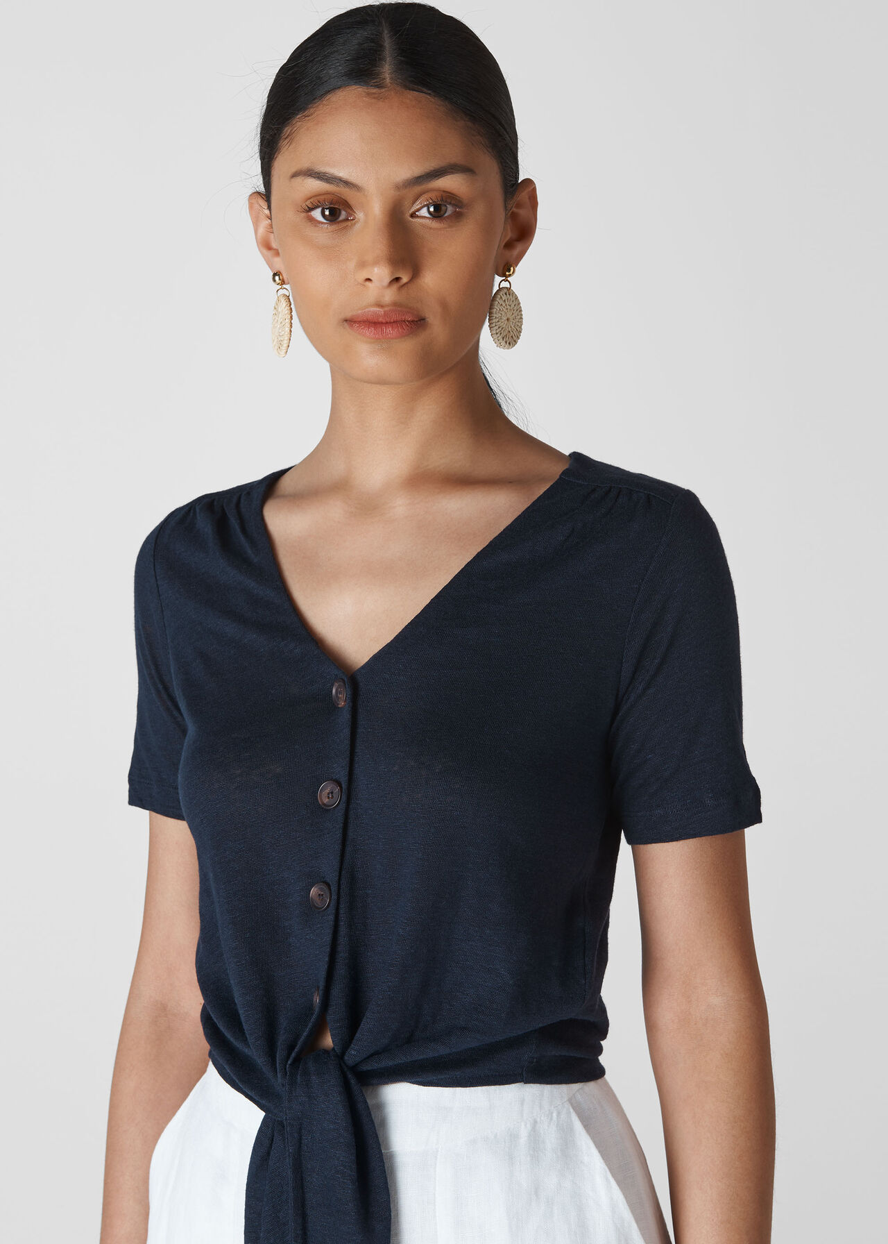 Linen Button Front Tie Top Navy